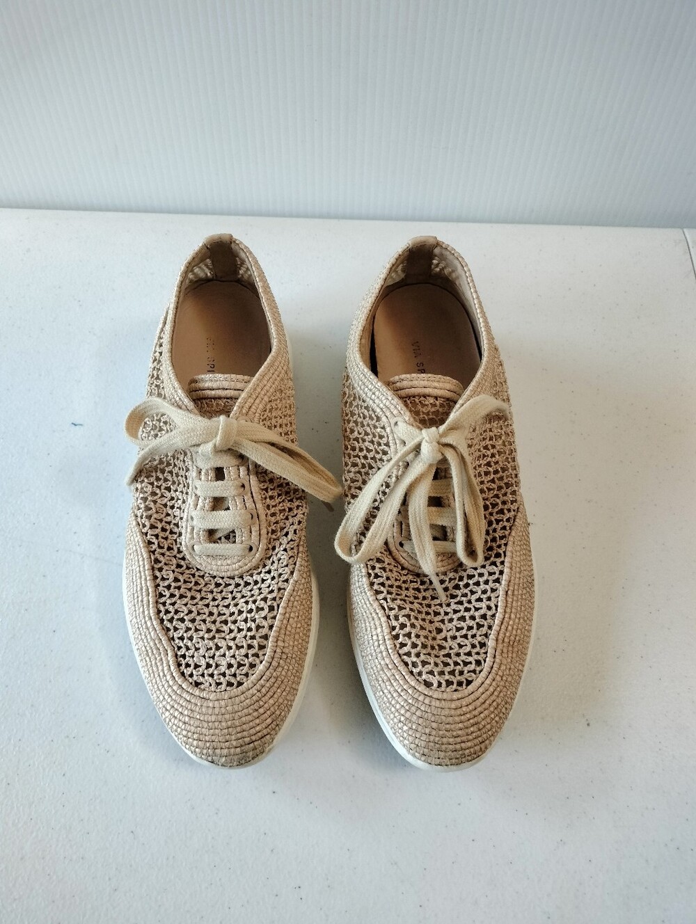 Via Spiga Macra 2 Beige Knit Woven Lace-Up Sneakers 7.5 Vacation Boho Chic
